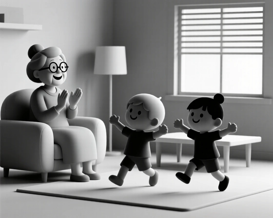 A delighted grandmother claps along as her grandchildren perform a silly living room dance recital.