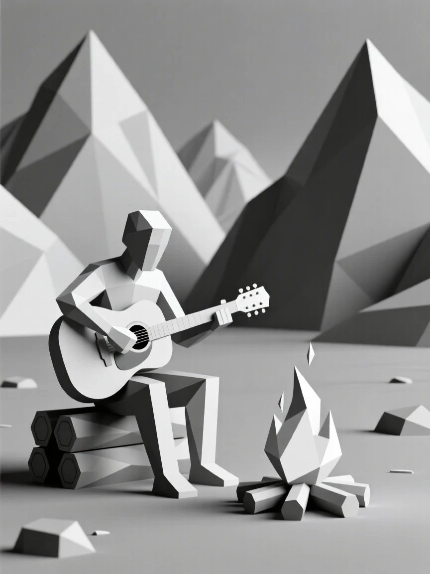 A guitarist playing beside a campfire, surrounded by towering mountains. the composition balances subject and open space. There is a calm sense of focus and skill.