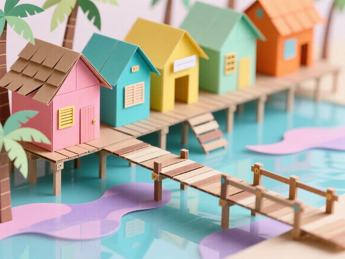 A tropical stilt village over clear water reflecting soft colors in still water nearby, with colorful buildings lining the path, evoking quiet, timeless beauty.