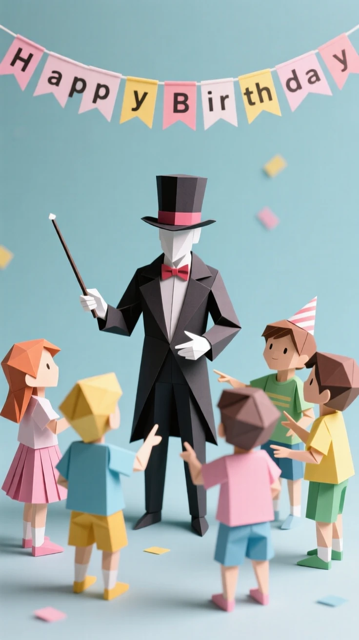 A group of children gathered around a magician performing a trick at a birthday party.