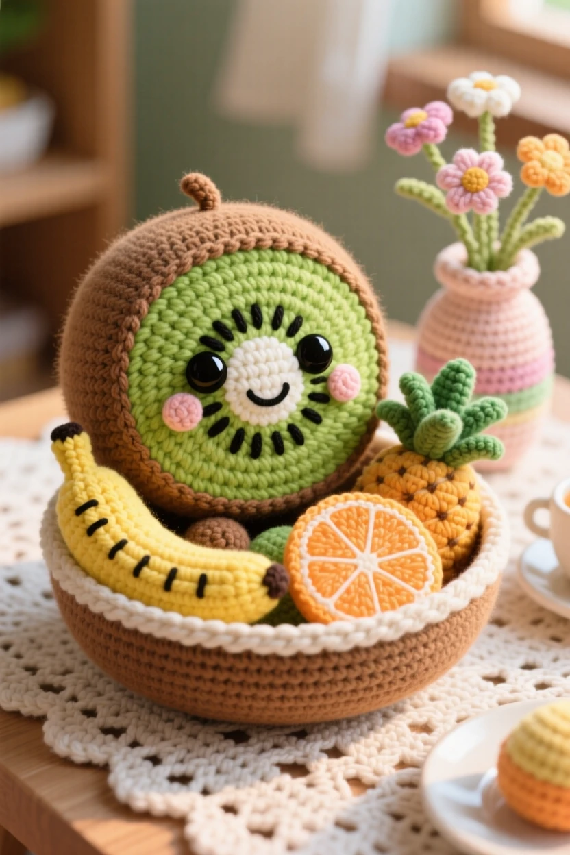 a round kiwi character, sliced to reveal its bright green center, is shown resting in a bowl of tropical fruit on a cozy breakfast nook bathed in morning light beside a small vase of wildflowers on the table, capturing bright, appetizing cheerfulness.