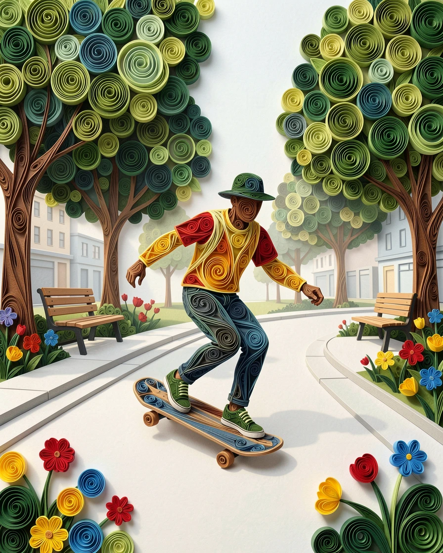 a skateboarder gliding through a sunlit urban park, on a quiet tree-lined city street, composed with clean modern lines and open space, with lively pops of color scattered throughout the scene.