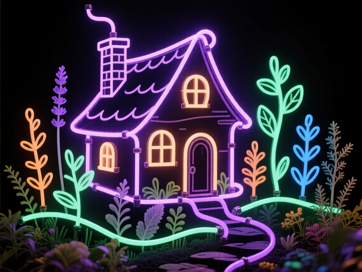 A witch's cottage surrounded by a garden of curious herbs.