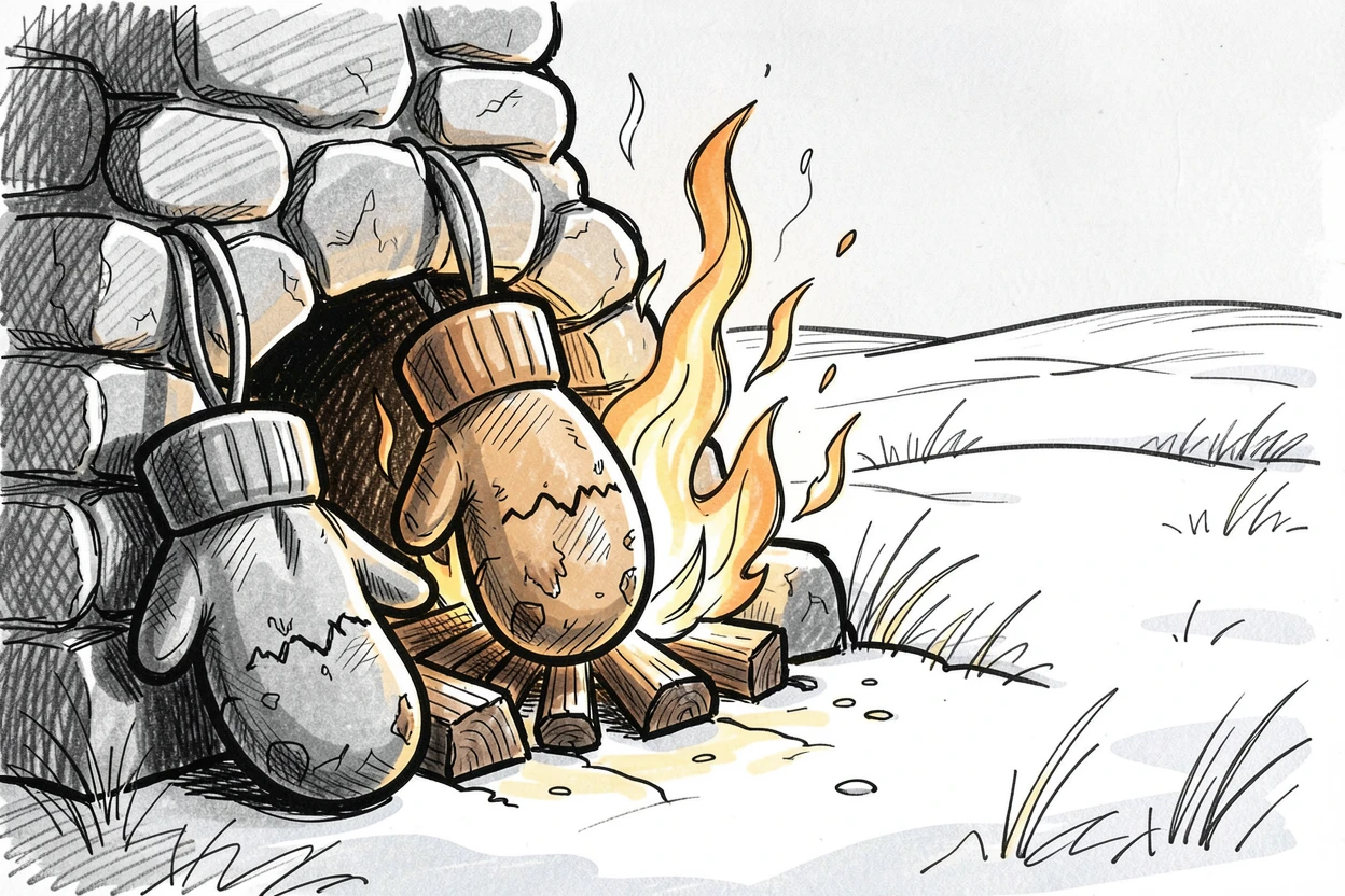 A pair of mittens drying by a fireplace in a meadow covered in fresh snow.
