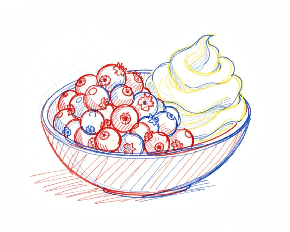 A bowl of fresh berries piled high beside a dollop of whipped cream