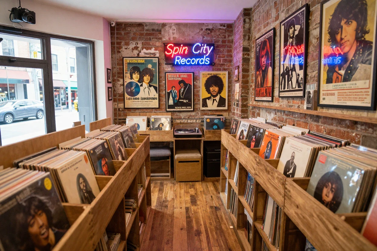 A record shop with crates of vinyl and vintage posters