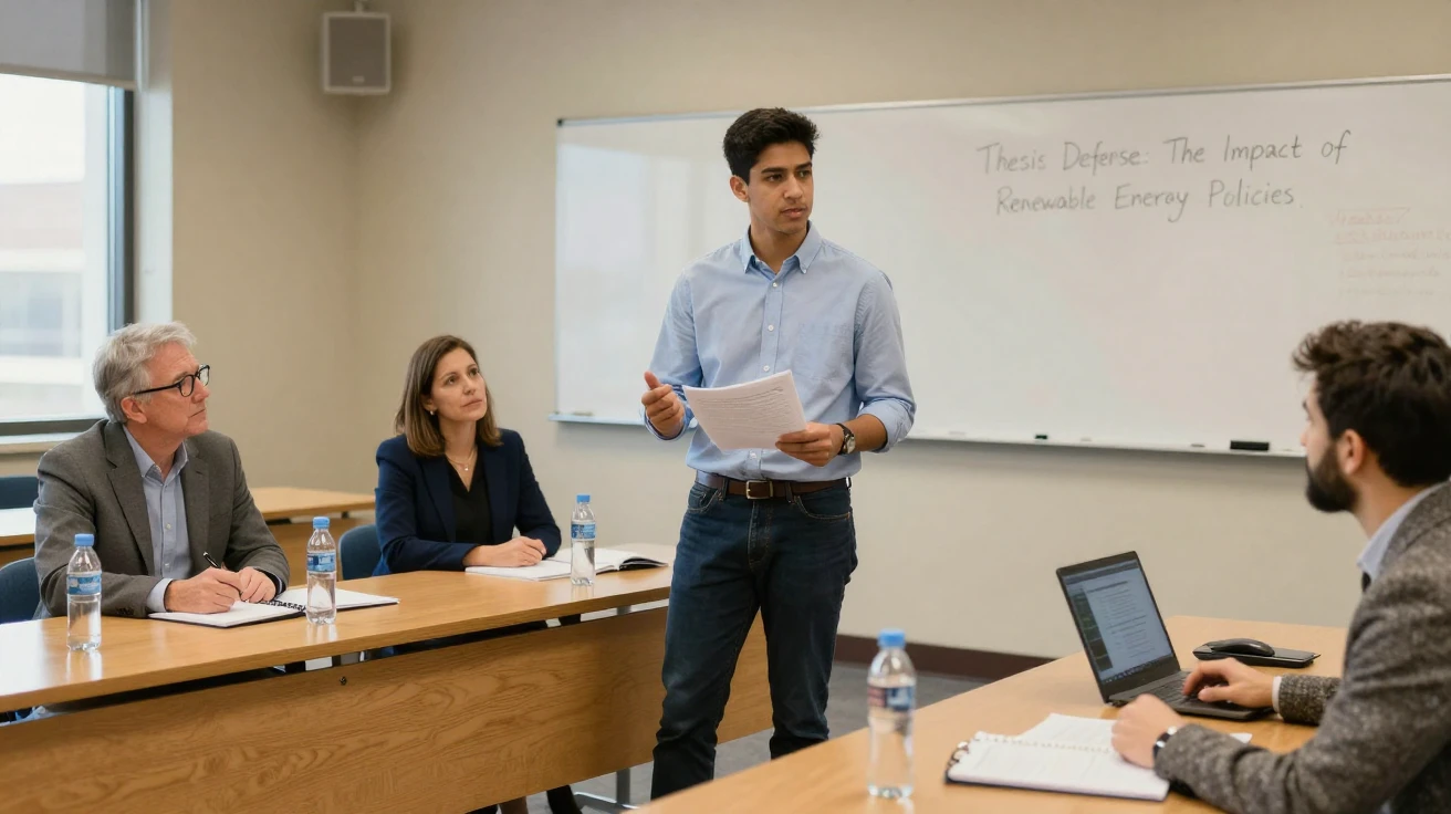 A university student defends a thesis in front of a panel of professors.