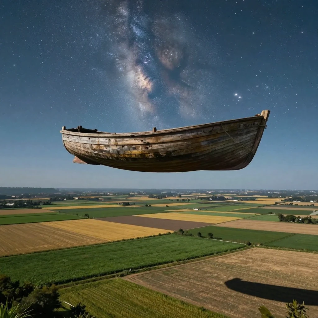 A wooden fishing boat drifting above a patchwork of fields beneath a canopy of stars
