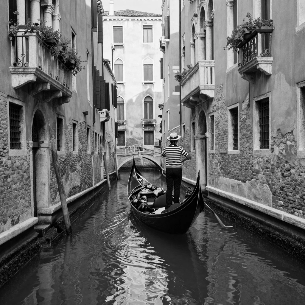 A Venetian gondolier poles a boat past historic facades along a narrow Venetian canal.