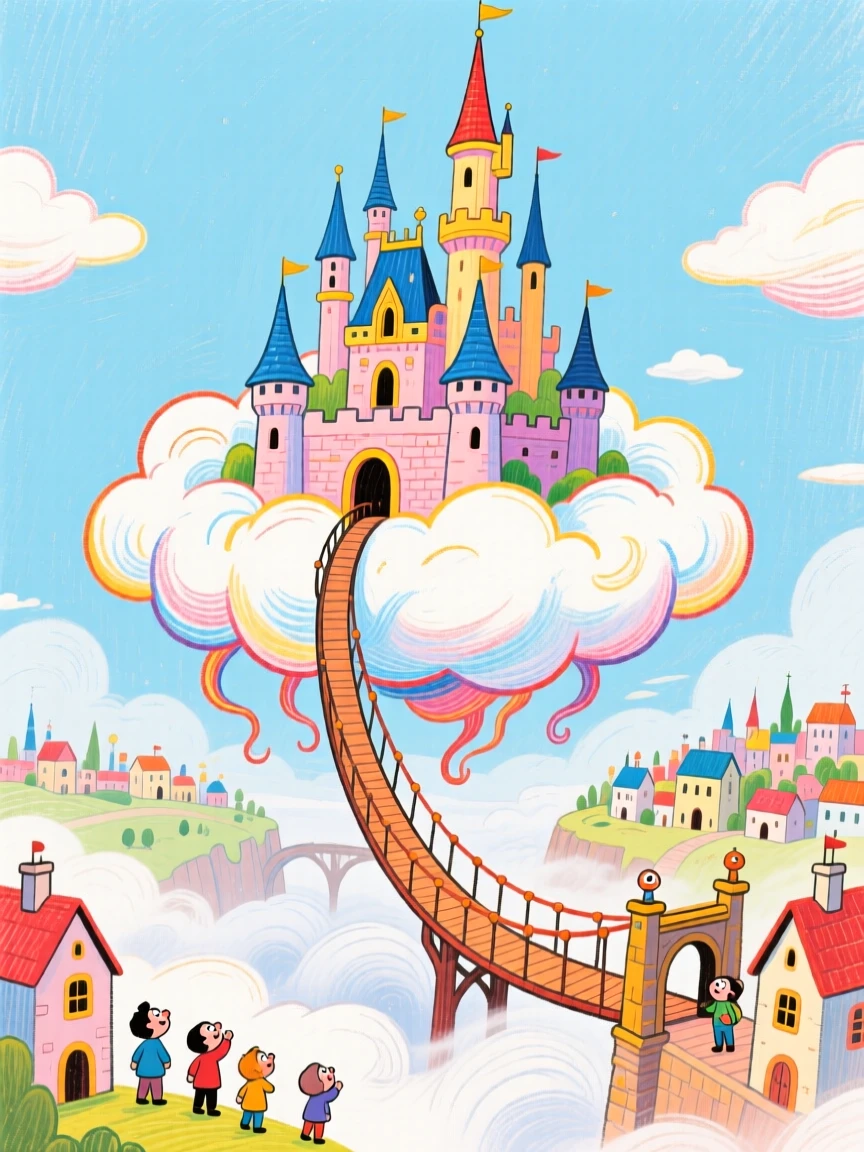 A cloud castle floating above a kingdom, drawbridge extending down through the mist.