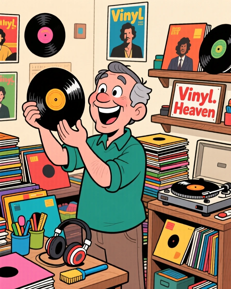 An everyday-life snapshot of a devoted vinyl record collector, grinning at a small but satisfying success, surrounded by a delightful mess of supplies.
