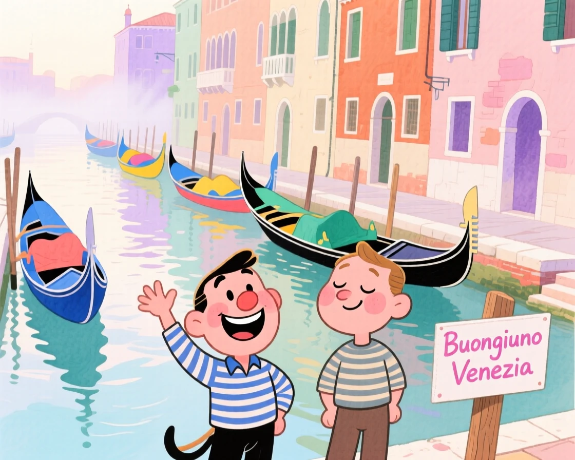 A dreamy travel postcard scene of the canals of Venice lined with colorful gondolas wrapped in gentle morning mist