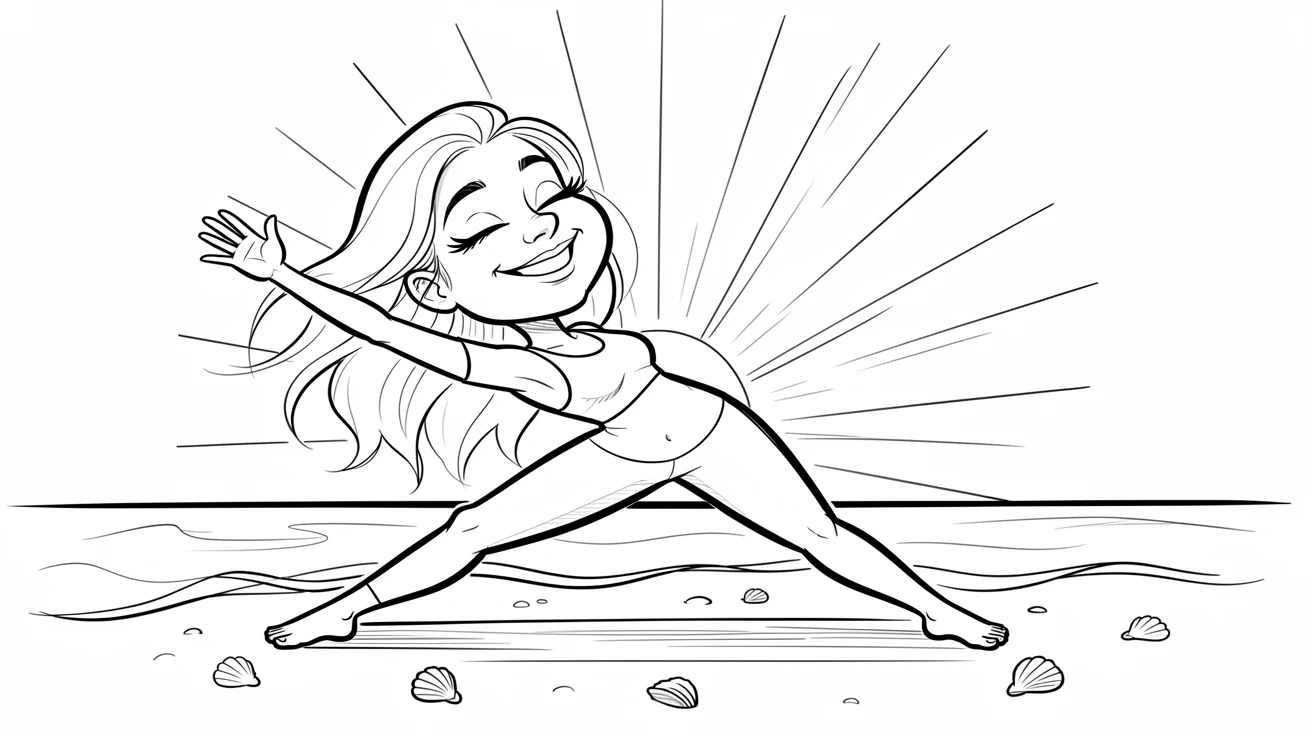 [Trending & Universal Topics] Modern lifestyle scene of a yoga enthusiast practicing sun salutations on a beach at dawn, capturing everyday joy