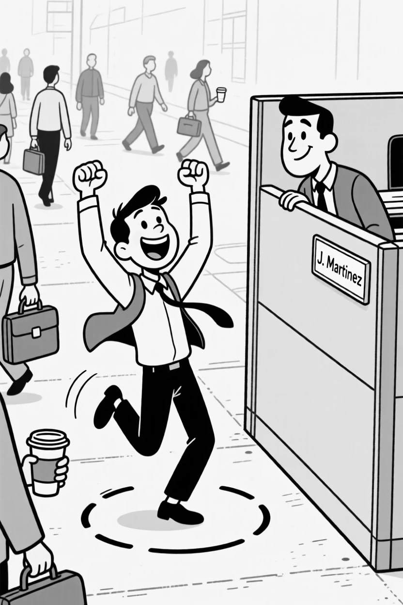 A person doing a triumphant fist pump after finding a parking spot, spinning in a full victory circle with fists raised, set on a busy morning sidewalk. A coworker peeks over a cubicle wall, smirking. The scene captures the comedy hidden in ordinary days.