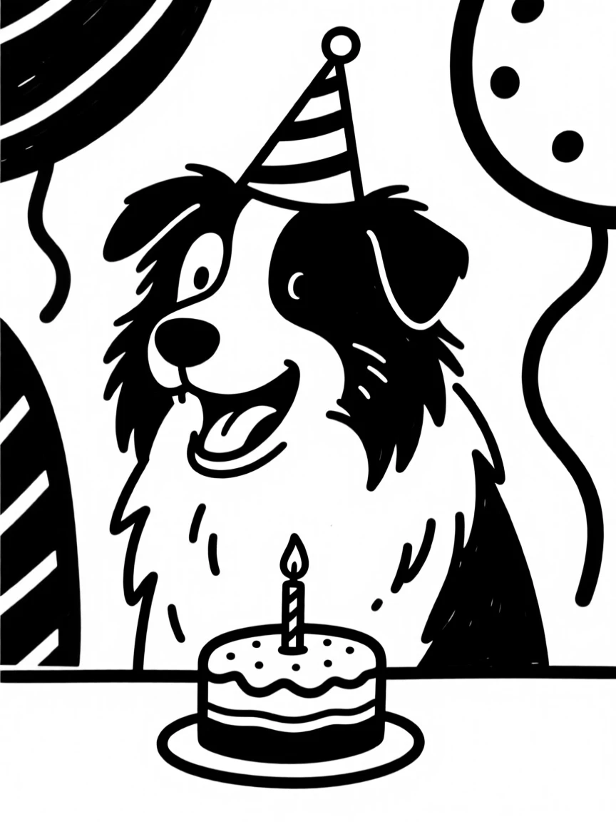 A australian shepherd wearing a party hat at its own birthday party with a tiny cake.