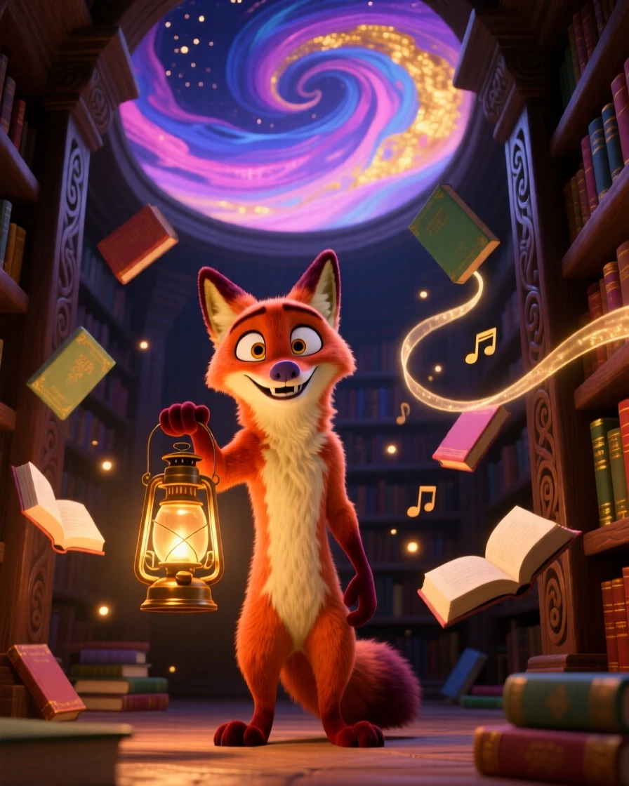 A talking fox with a lantern stands in a hidden library filled with floating books, painting the sky with swirling colors. A magical, wondrous stillness fills the scene, with faint music seeming to drift on the breeze.