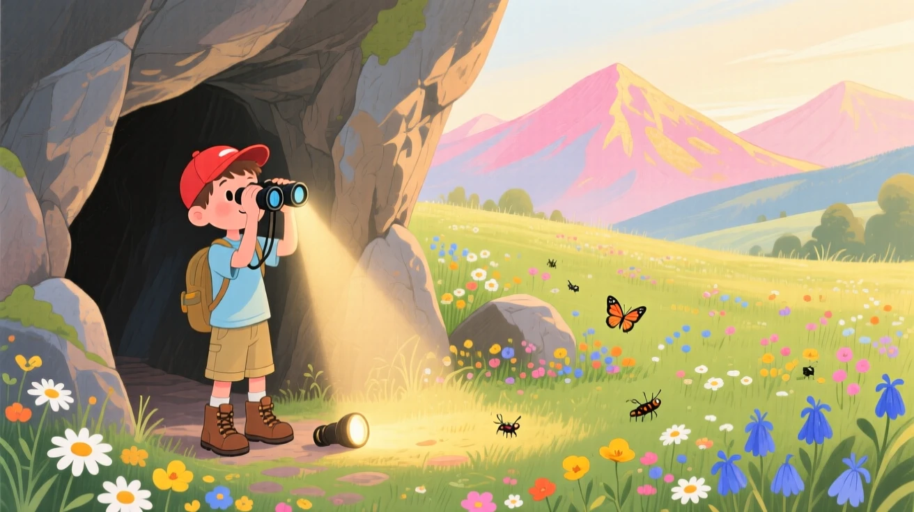 A boy with binoculars pauses while exploring a cave lit by a single flashlight in a wildflower meadow, with distant mountains glowing in the morning light.