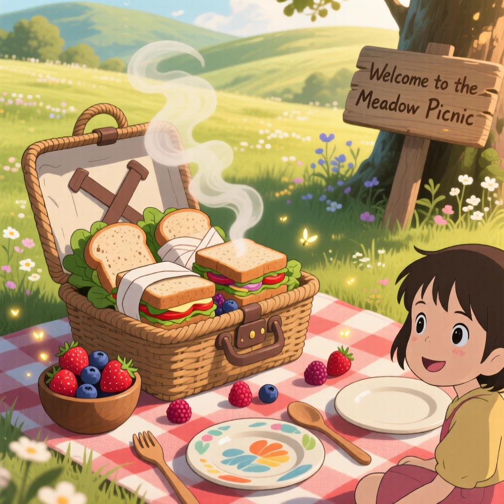 A warm, inviting scene of a picnic basket packed with sandwiches and fresh berries, as steam curls gently into the air.
