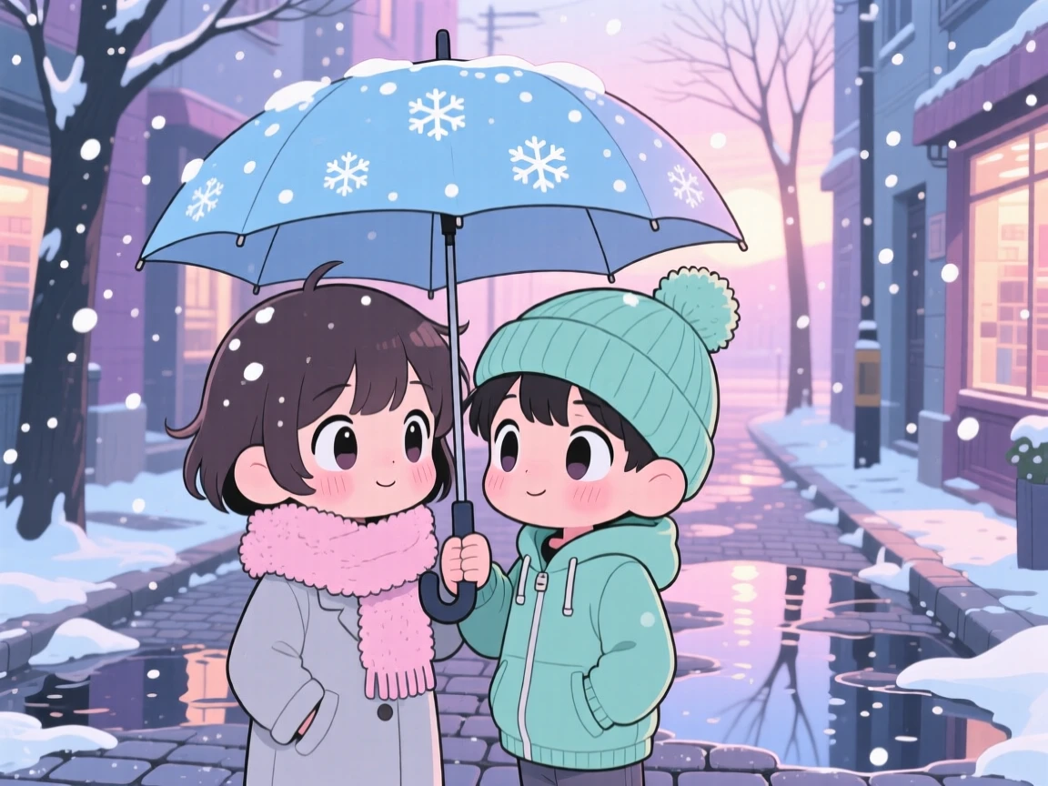 In a puddle-lined street, two best friends are sharing a single umbrella in the rain during a cozy winter snowfall, bathed in soft pastel light of dawn, expression full of proud determination. Shot as an over-the-shoulder view.