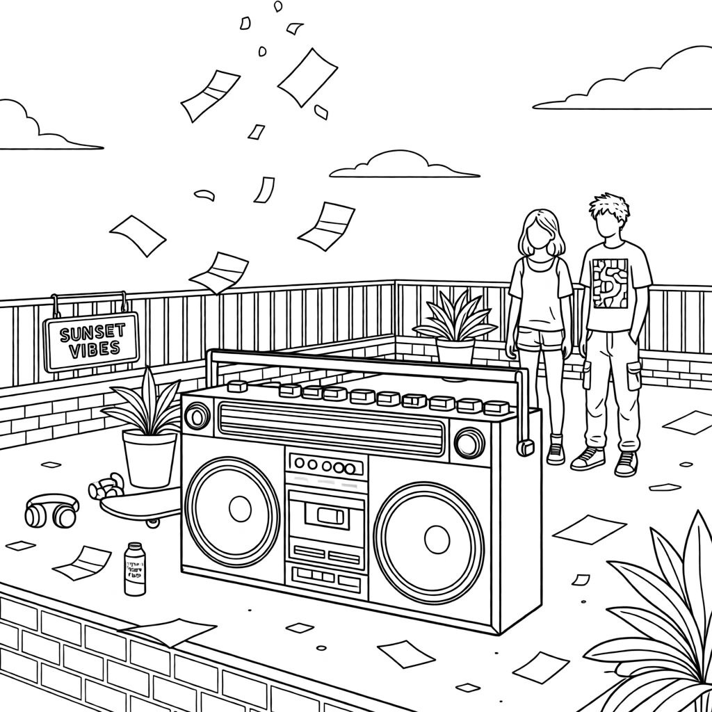 A boombox playing on a rooftop at sunset, with confetti falling through the air.