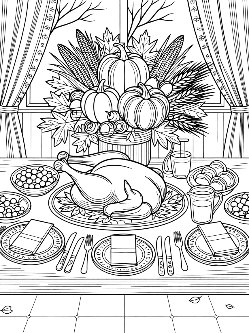 A Thanksgiving table set with a roasted turkey and autumn centerpiece.