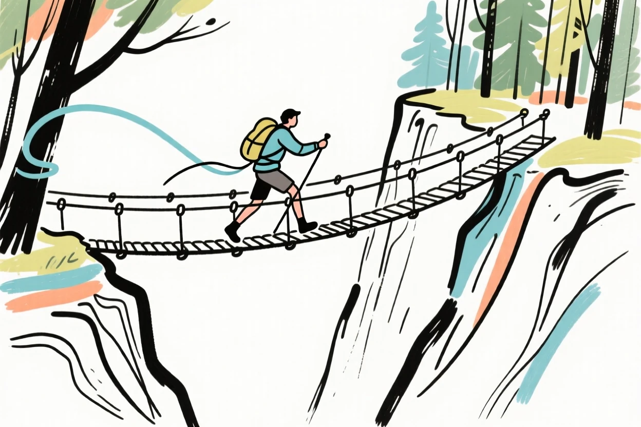 A hiker crossing a rope bridge over a deep forest ravine.