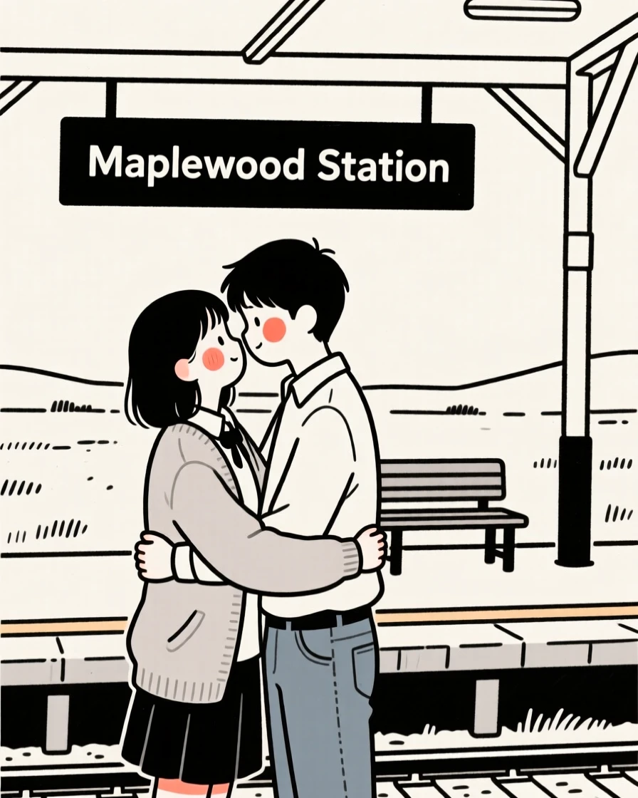 A high school student in a soft cardigan and jeans, sharing a tender embrace, at a rural train station.