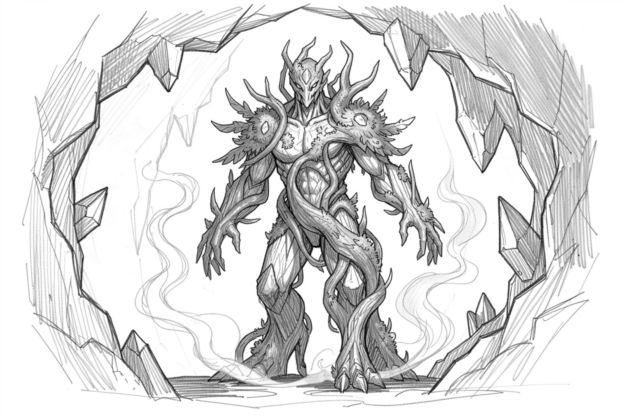 A magical, imaginative vision of a mystical forest guardian made of vines and moss inside a cavern lit by crystal formations, with mist curling like living smoke.