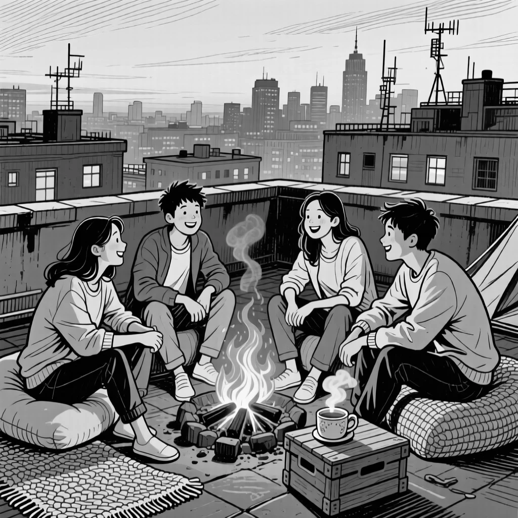 A group of friends laughing around a campfire on a rooftop overlooking the city skyline, with a cup of tea resting close by, creating a tender and sincere lifestyle scene.