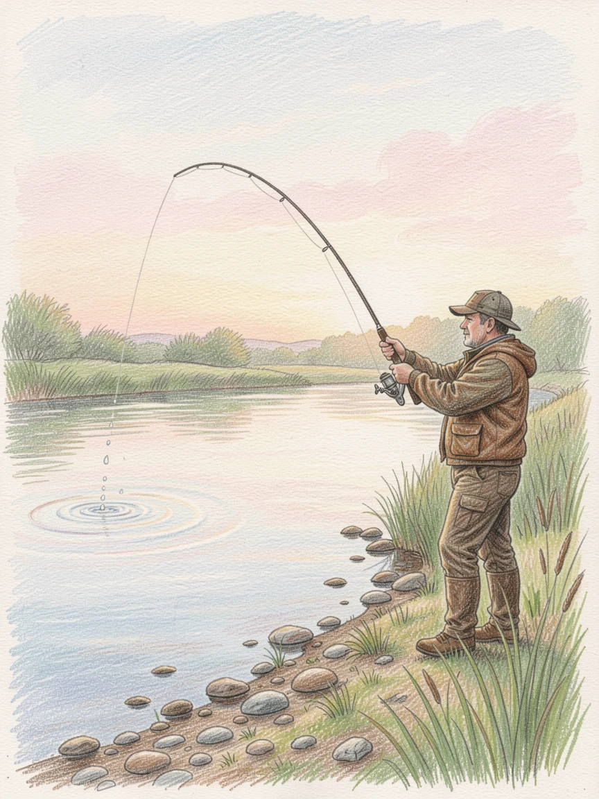 An angler casting a line into a calm river at dawn, with delicate details that reward a closer look, capturing a quiet story that lingers with the viewer.