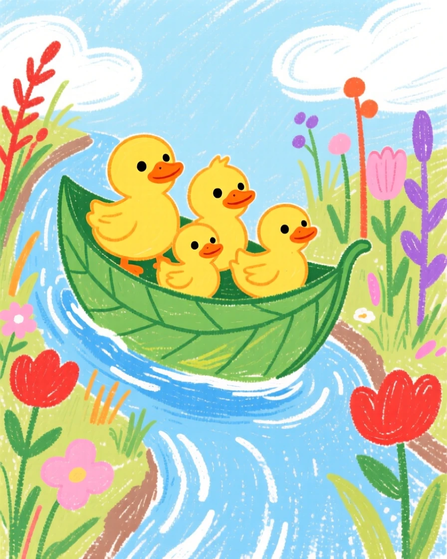 A family of ducklings riding a leaf boat down a garden stream.