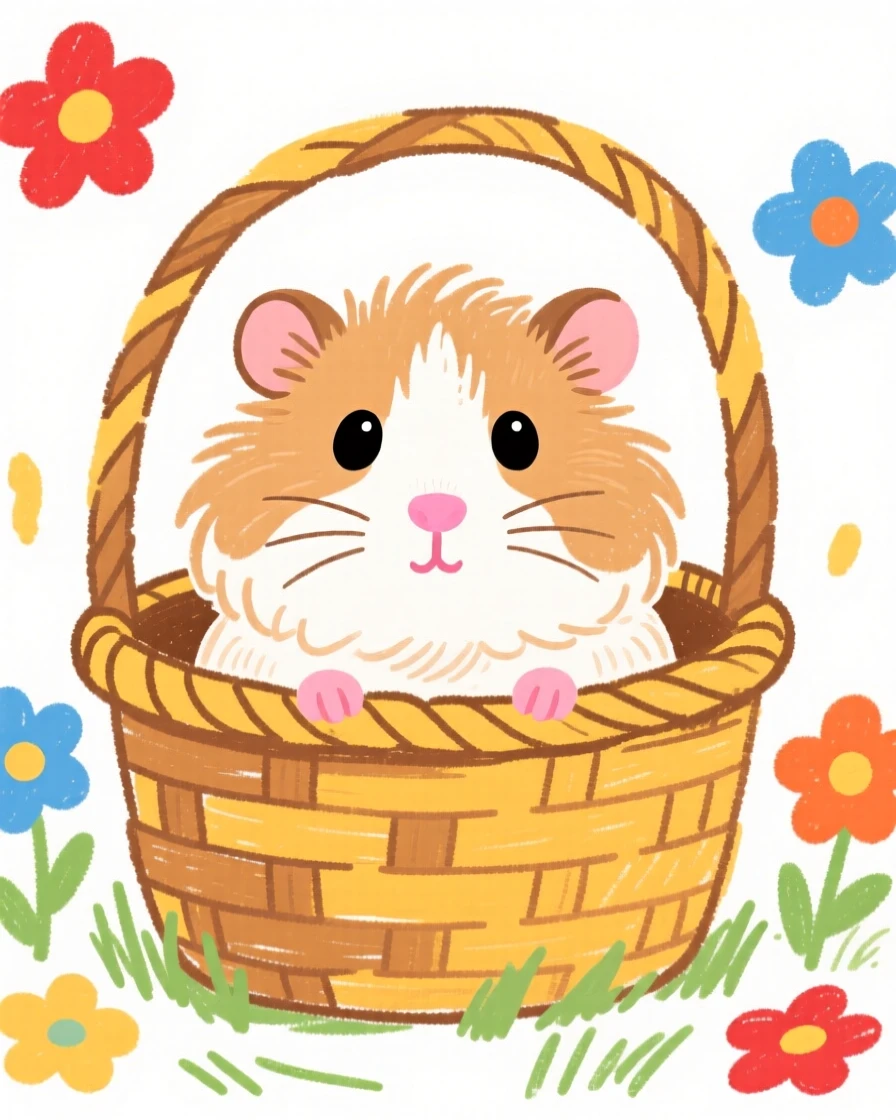 A fluffy guinea pig peeking out of a wicker basket.