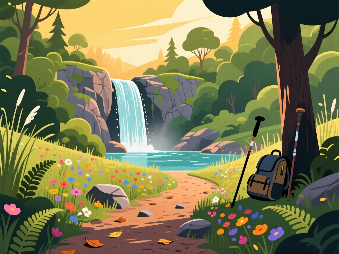 A scenic hiking trail leading to a hidden waterfall, under a warm golden afternoon sky, arranged with vibrant foreground elements framing the view, with a joyful, adventurous atmosphere.