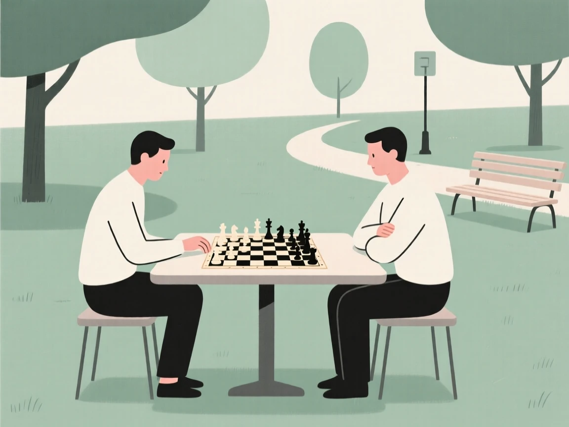 A chess match in progress between two focused players in a park.