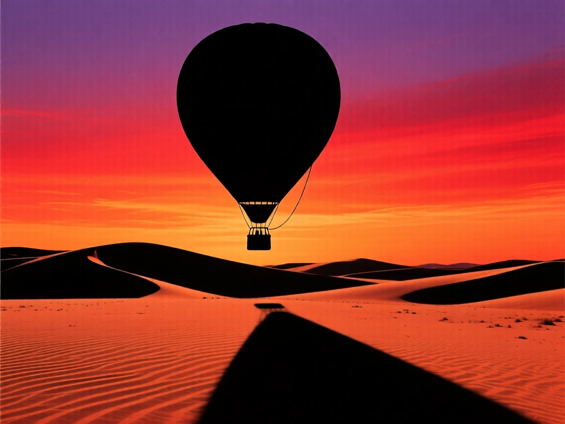 A hot air balloon casting a long shadow across a rippled desert landscape.