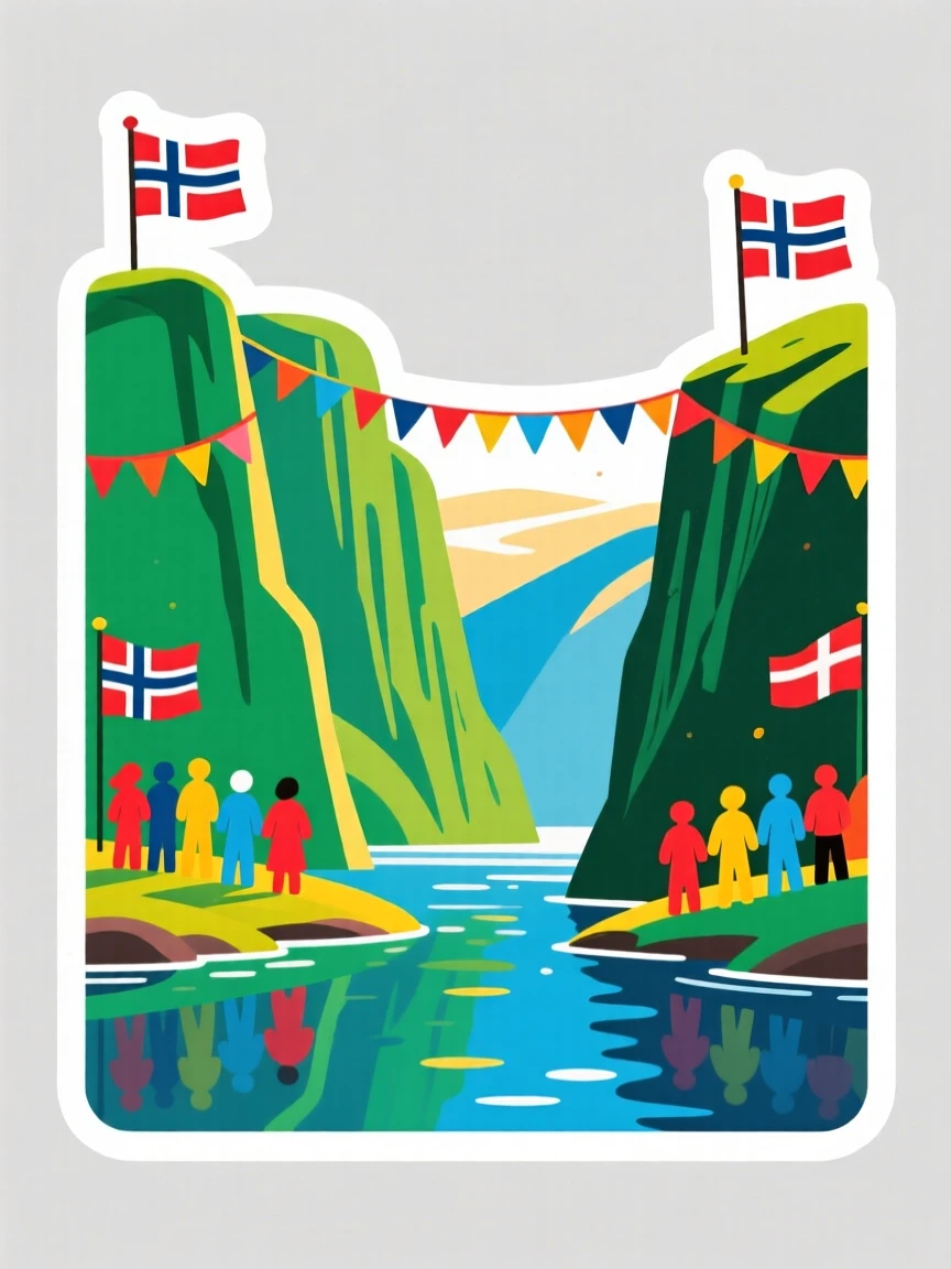 A colorful and lively Norwegian fjord with steep green cliffs, captured during a festive celebration, at the peak of a local festival.