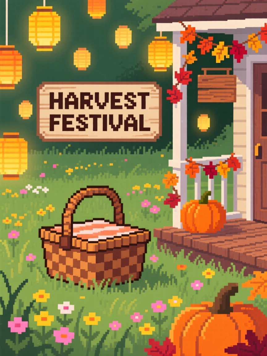A picnic basket in a summer meadow lit by dozens of small paper lanterns, on a porch decorated for a harvest festival.