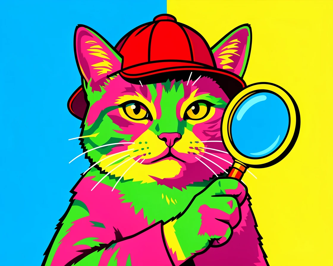 Cat wearing a tiny detective hat with a magnifying glass