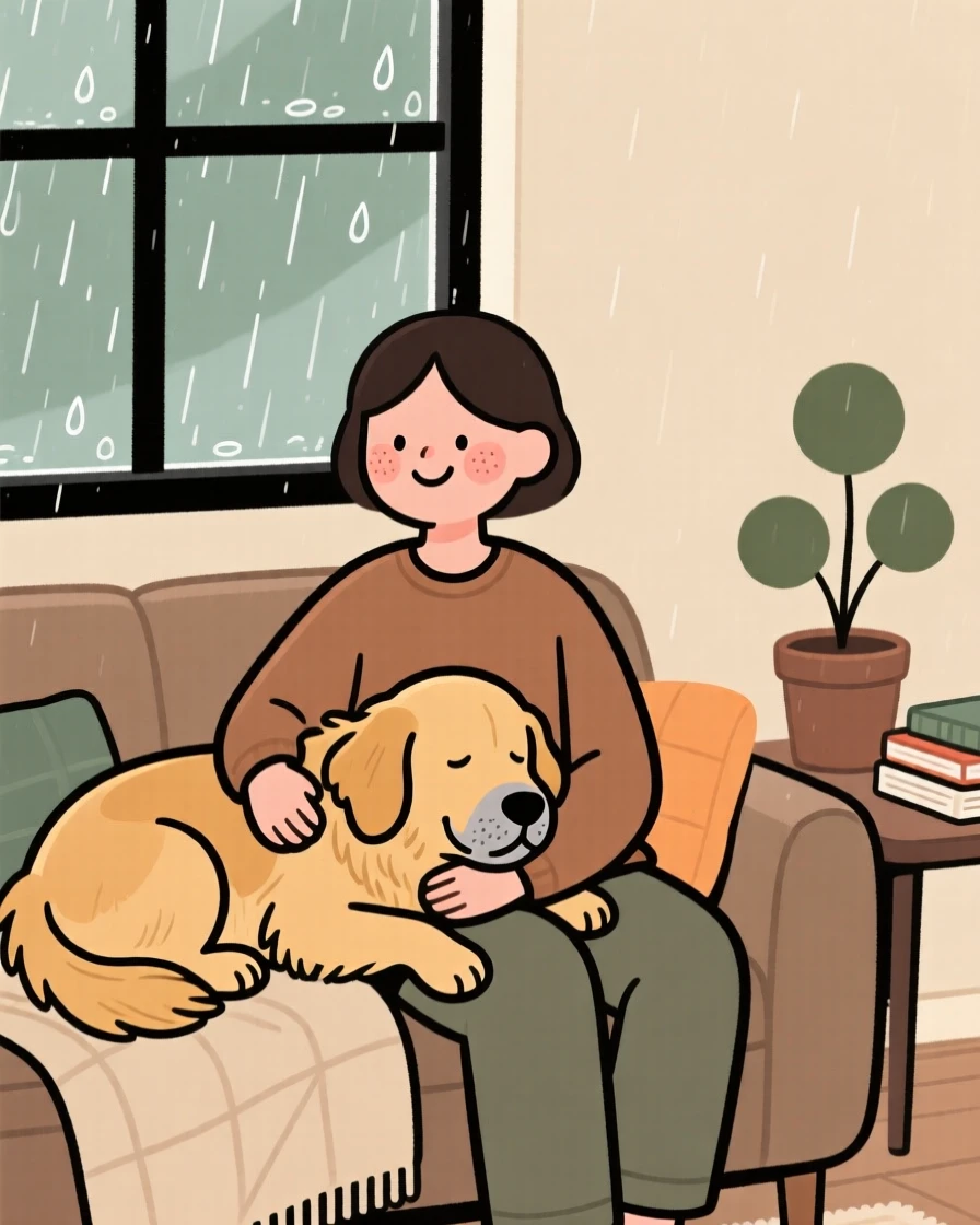 A old golden retriever rests its head on its owner's lap during a quiet rainy morning on the couch, both perfectly content.