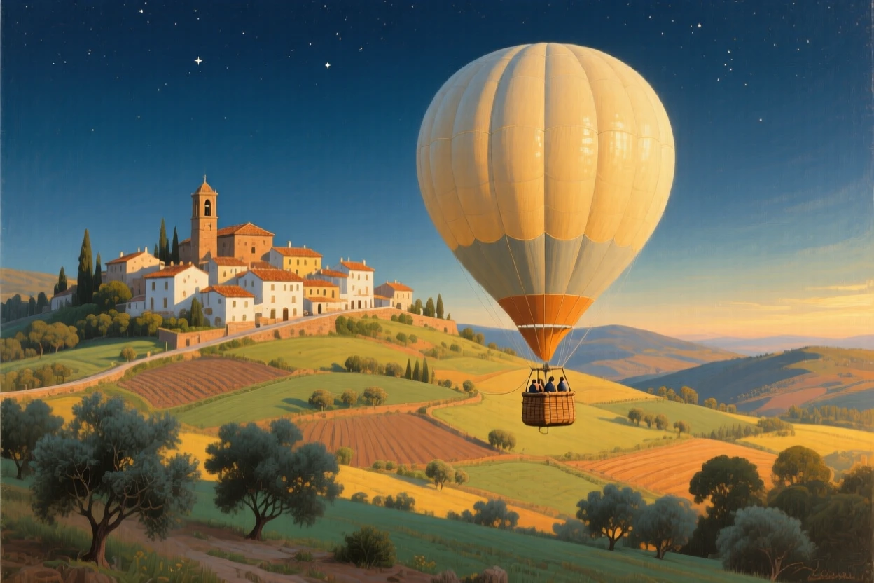 A balanced composition of a hot air balloon drifting silently over a rolling countryside, in a Spanish hill town, under the night sky, in bright warm sunshine.