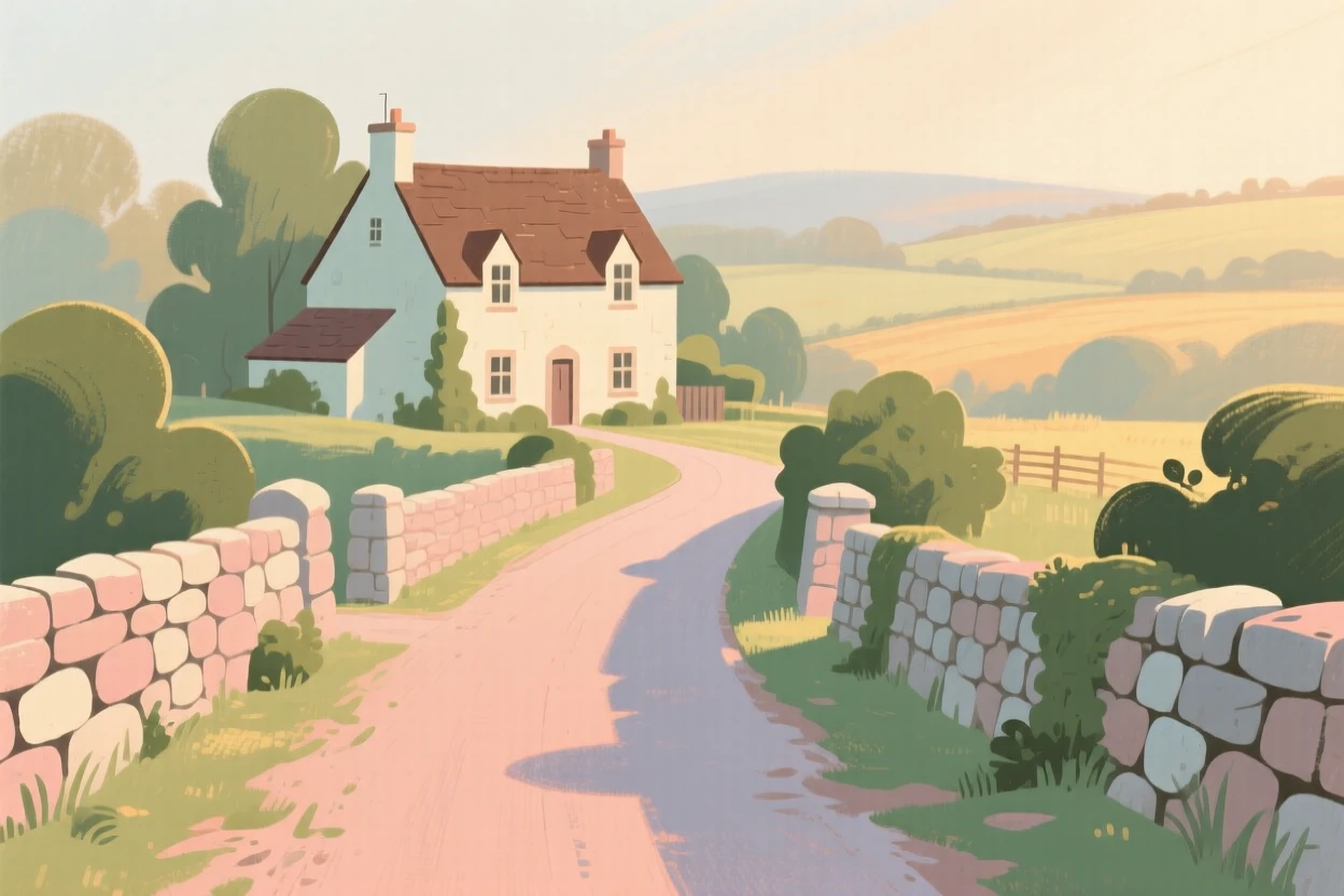 A country lane lined with stone walls leading to a farmhouse
