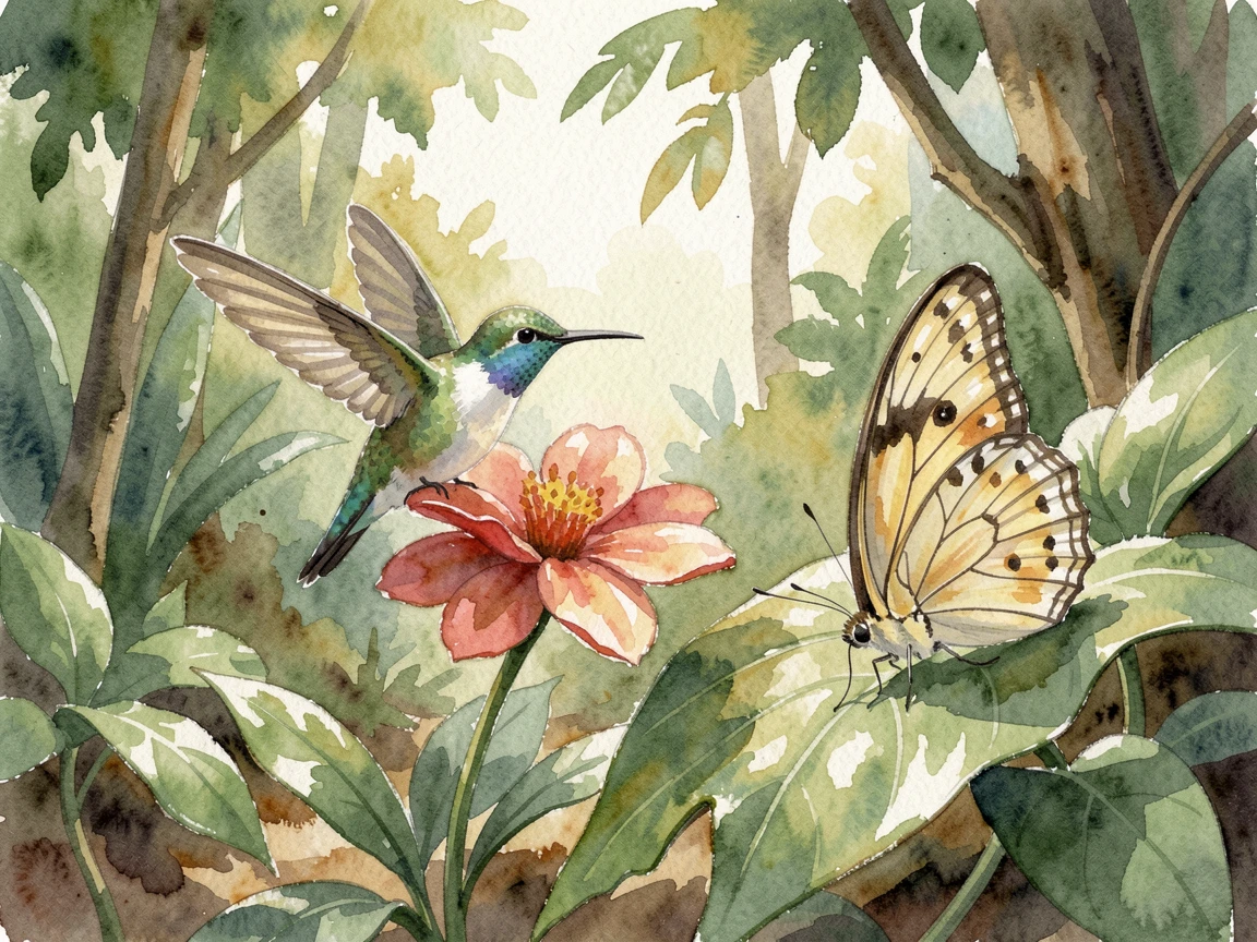 A hummingbird hovering near a flower in a lush jungle clearing with a butterfly resting nearby.