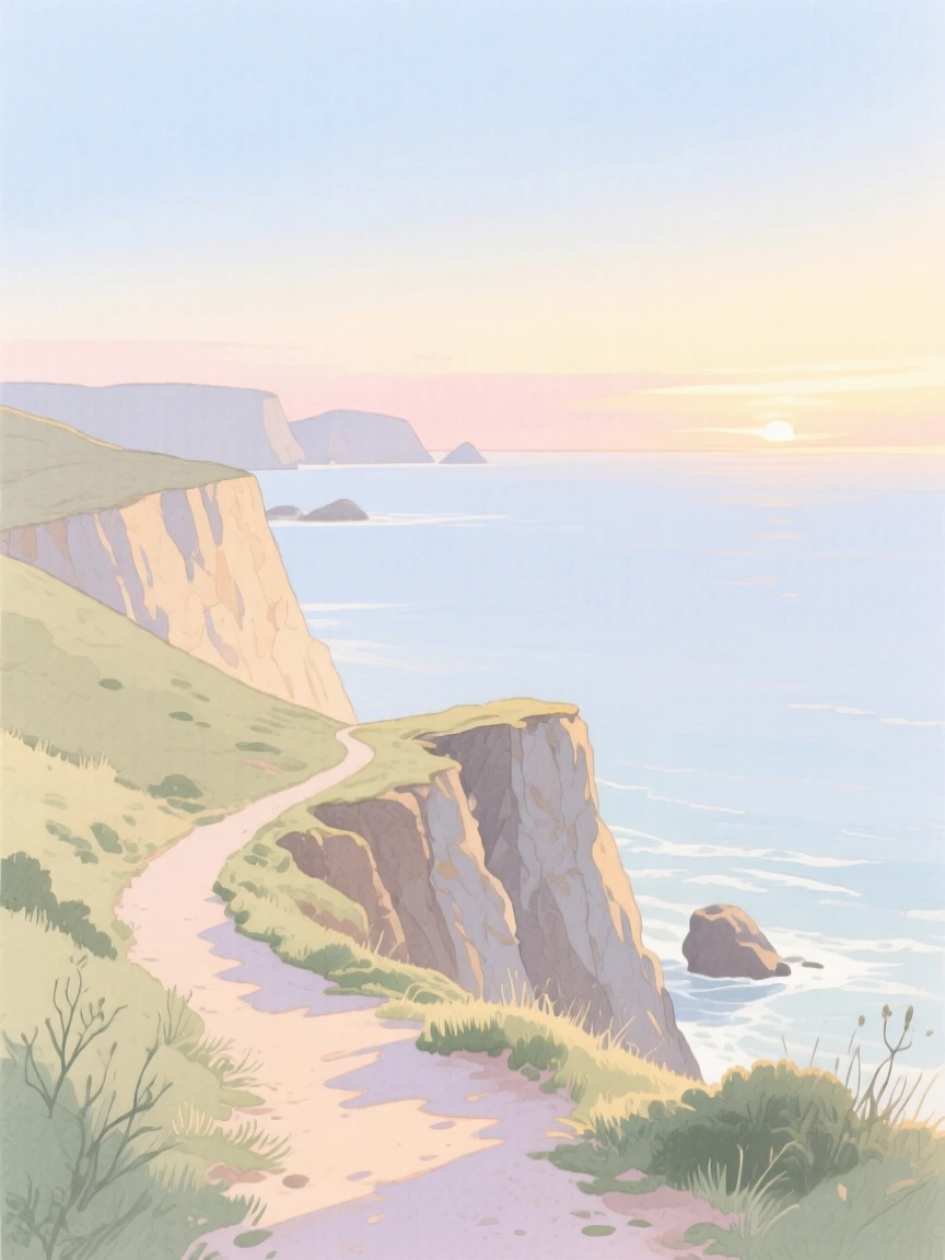 A serene view of a coastal cliffside path, as soft light breaks over the horizon, evoking calm and quiet reflection