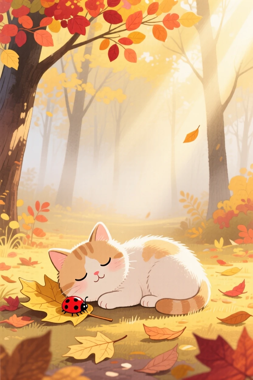A kitten napping in a sunbeam discovering something new in a golden autumn woodland on a foggy morning.