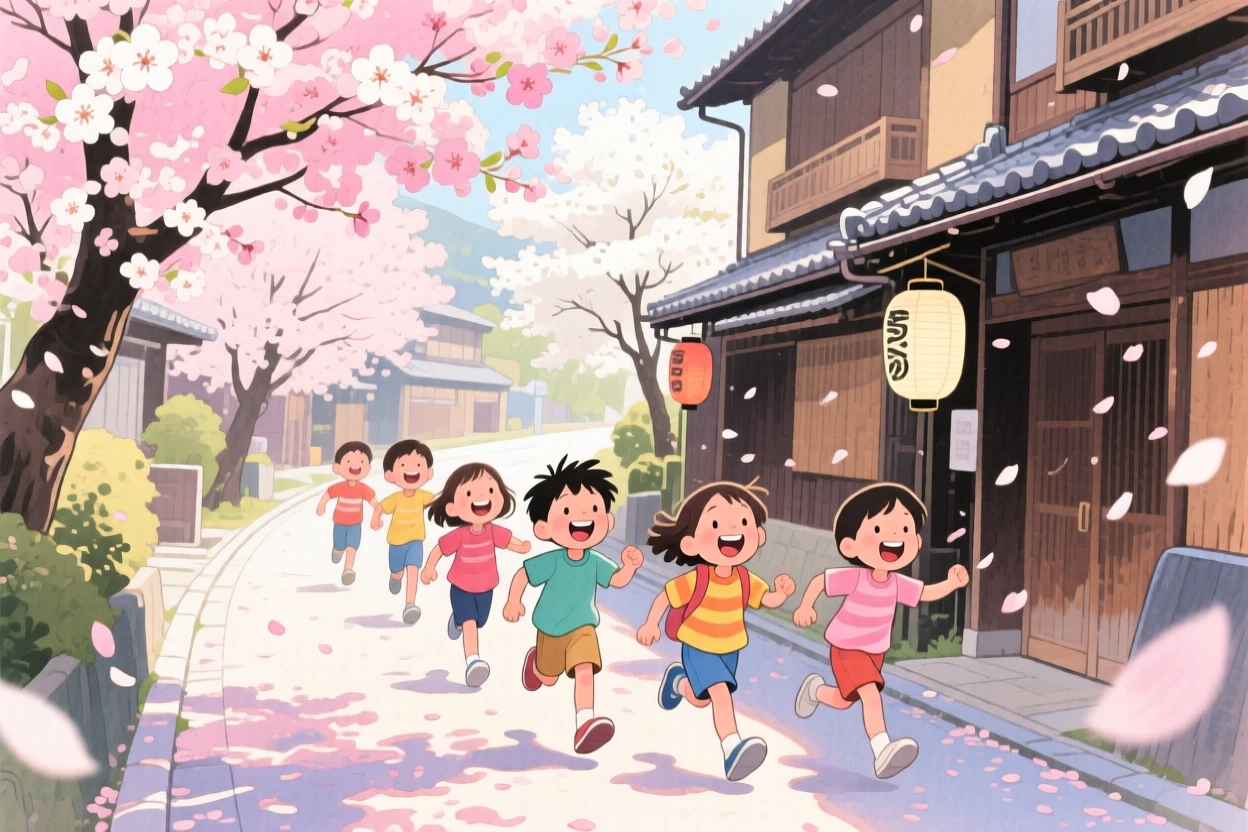 Children run laughing through the scene amid a cherry blossom-lined street in Kyoto, capturing the wonder of discovering a new place.