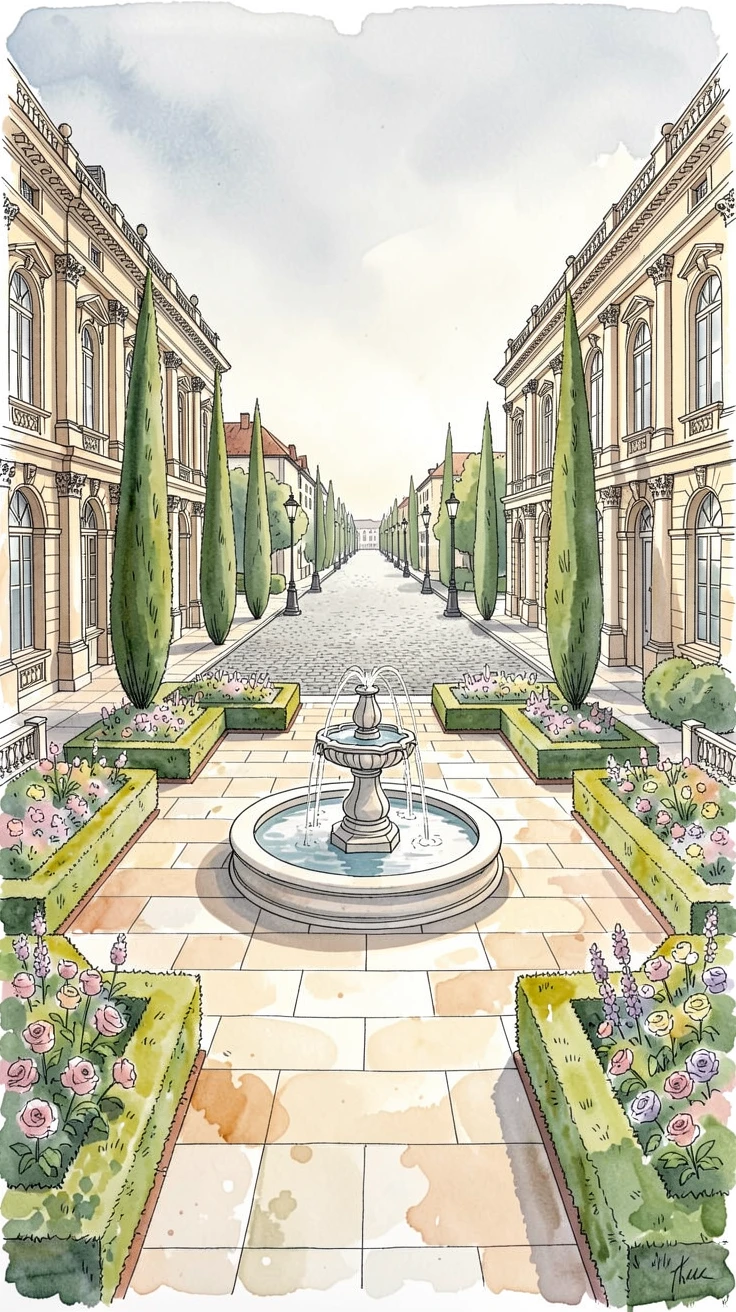 A grand palace courtyard with fountains and manicured gardens, the streets quiet in the soft light of early morning.