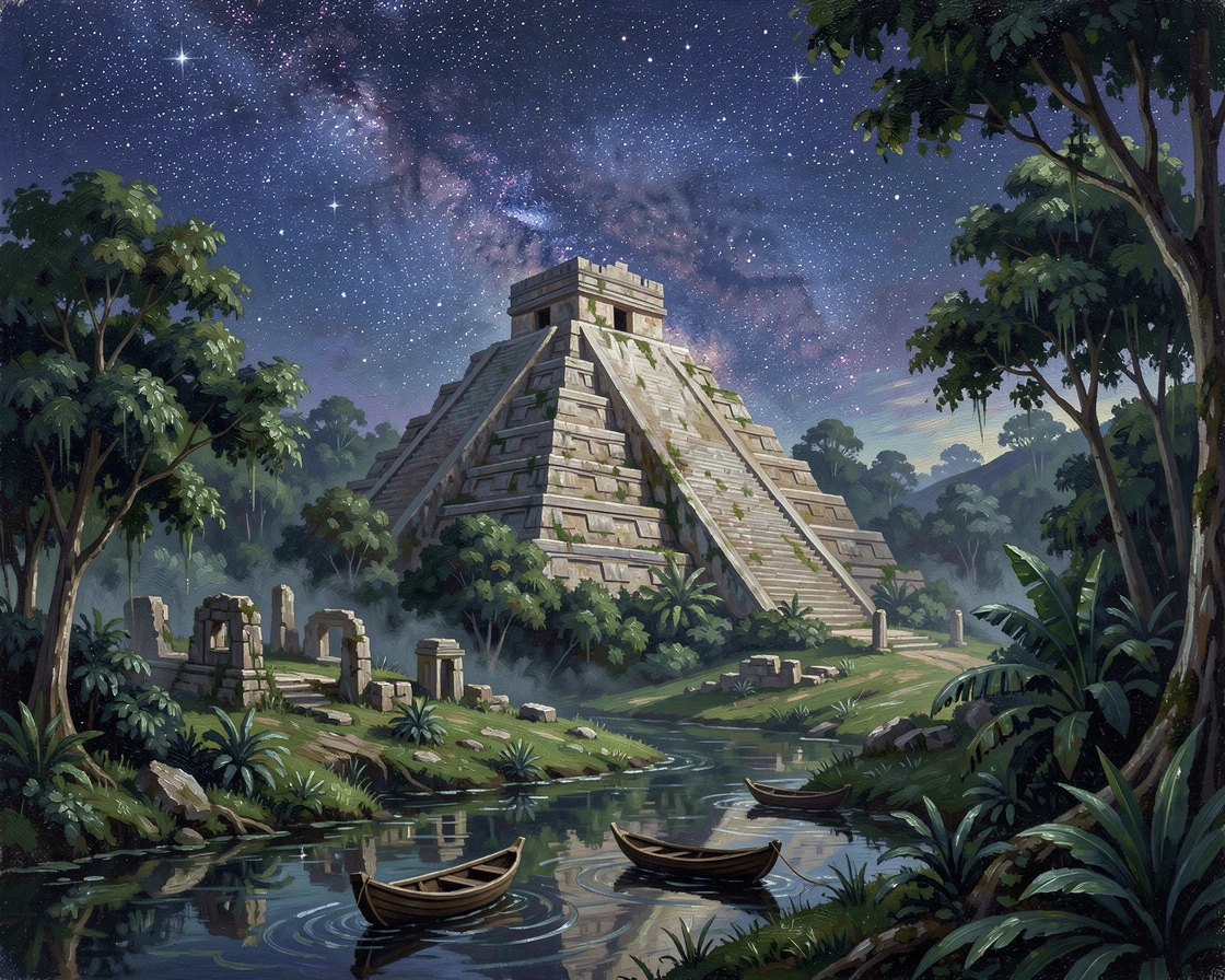 Under a canopy of stars, distant lights twinkling below, an ancient stepped pyramid rising above the jungle canopy, overlooking a vast valley dotted with ancient ruins, boats gliding slowly along the water.