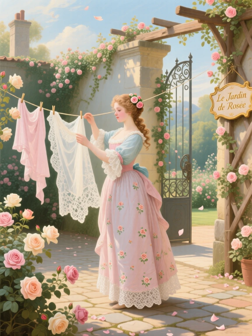 A young woman hanging laundry in a sunny courtyard filled with roses  