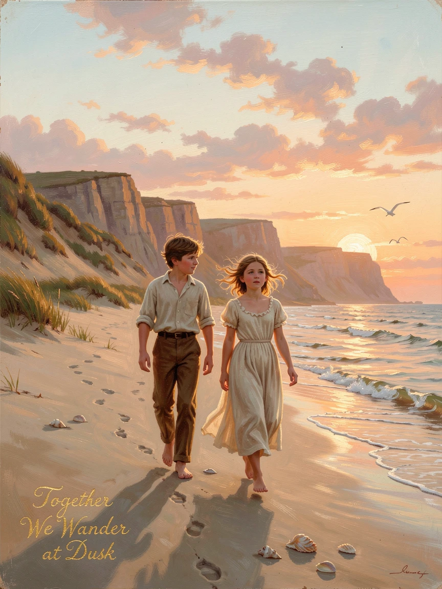 Siblings walk together through a beach at sunset on a warm summer evening.