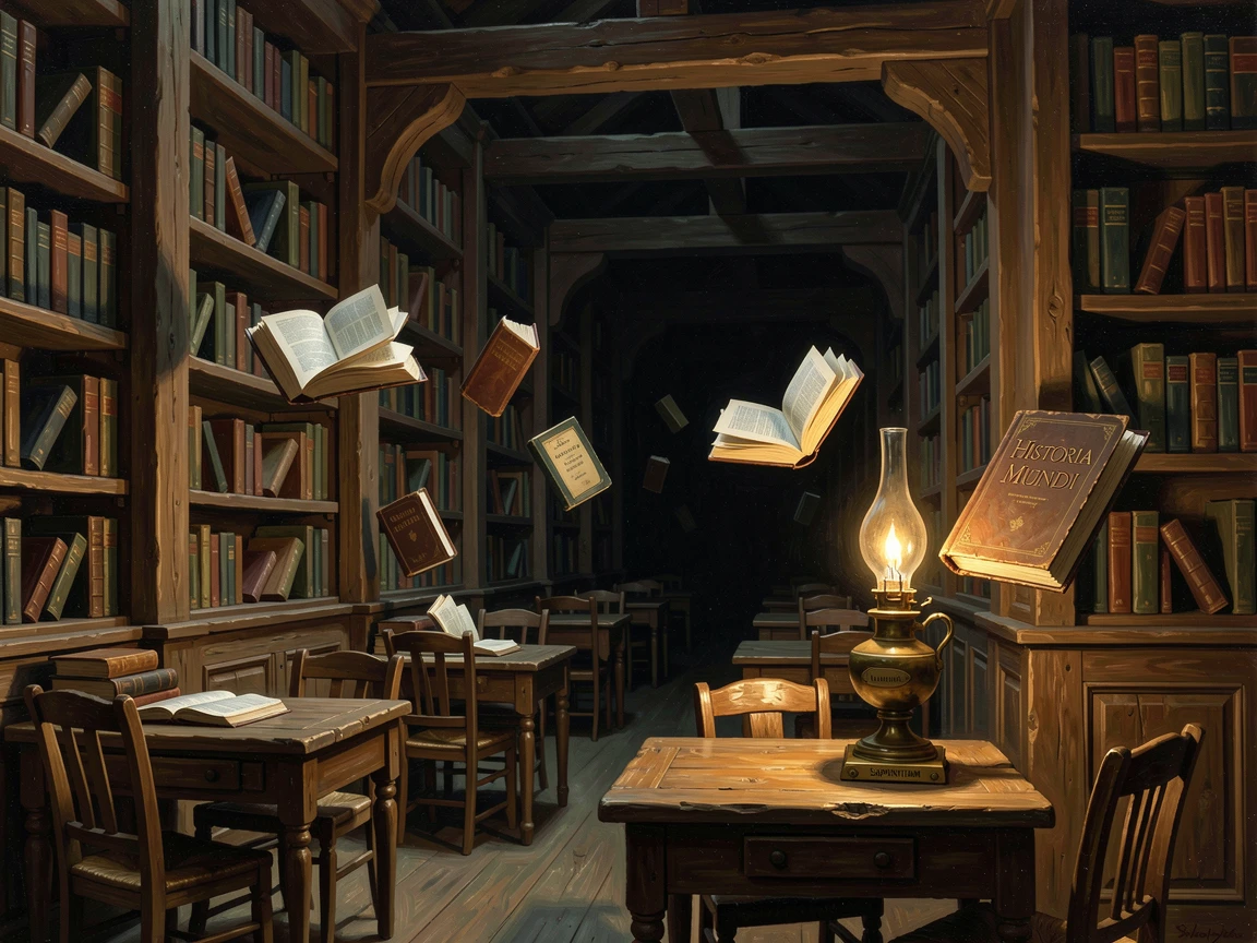 A magical library with floating books and shelves stretching into darkness, rendered with photorealistic detail to feel genuinely believable, evoking wonder, mystery, and epic storytelling